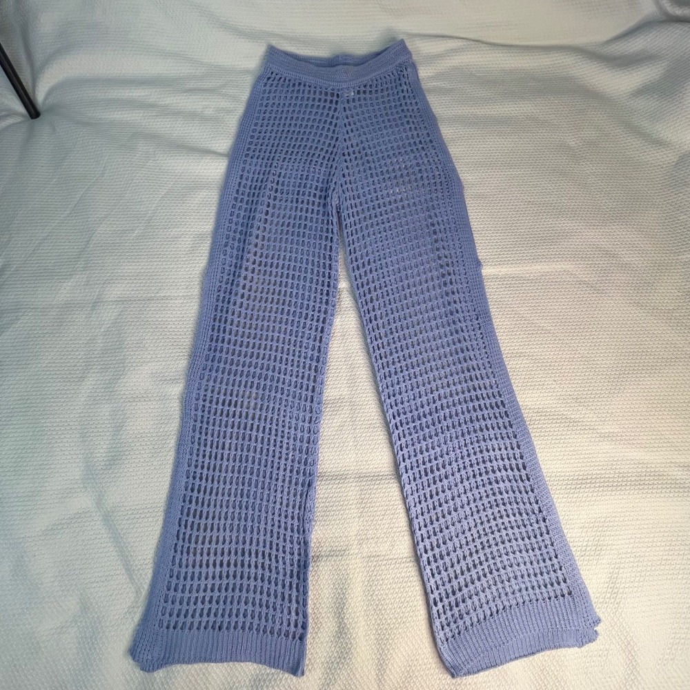 Womens Sz S Periwinkle Boho Blue Crochet Open Knit Wide Leg Beach Cover Up Pant